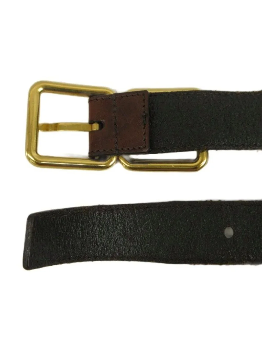 Saint Laurent Paris Double Buckle Leather Belt Cowhide Logo Gold Brown